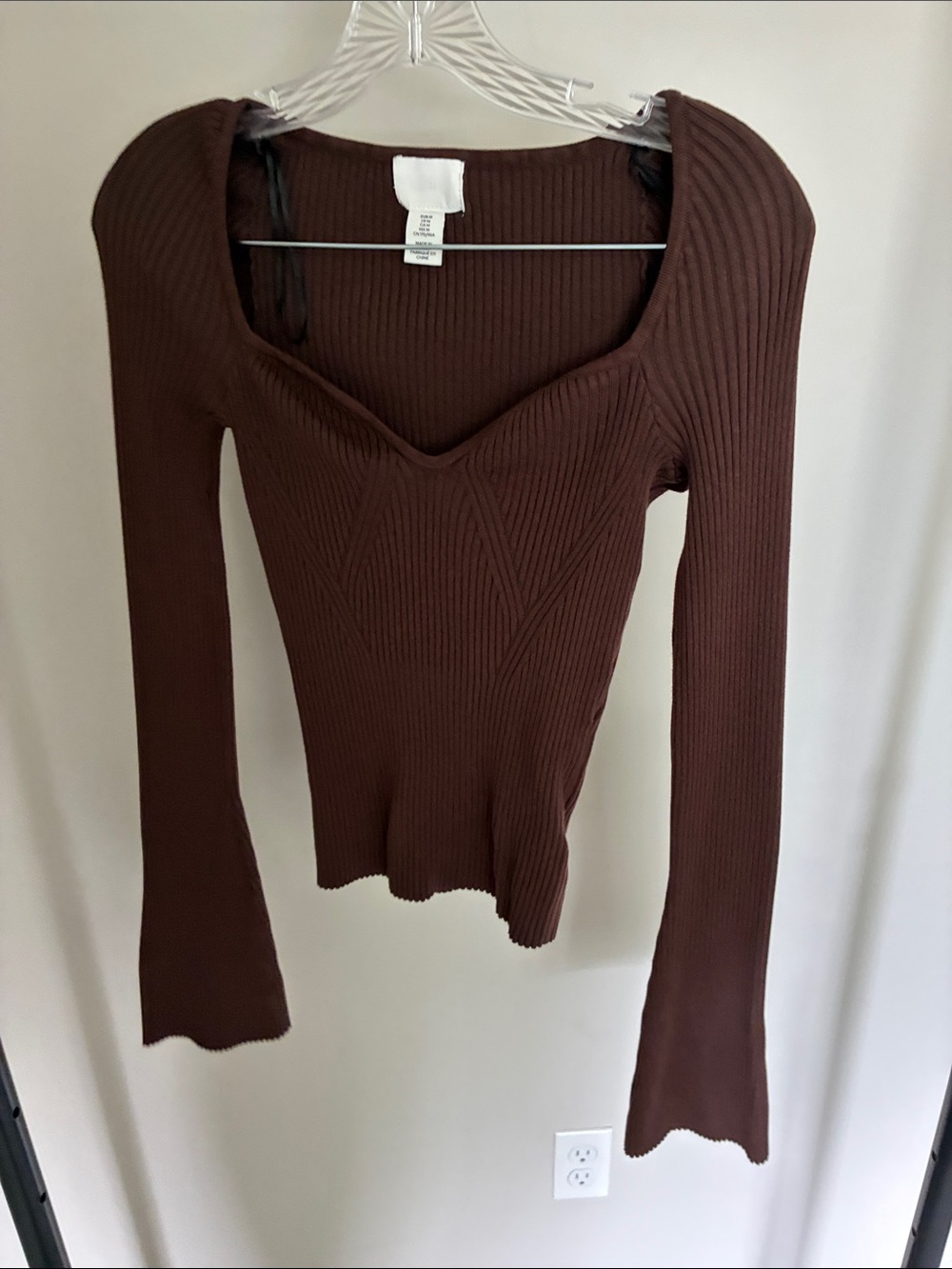 H&M Chocolate Brown Ribbed Sweetheart Neck Long Sleeve Top